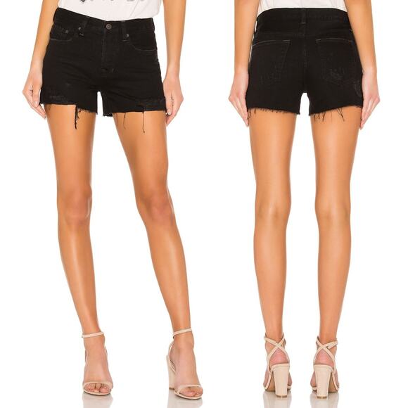 We the Free People Sofia Black Denim Button Fly Distressed Raw Hem Jean Shorts - Picture 2 of 7